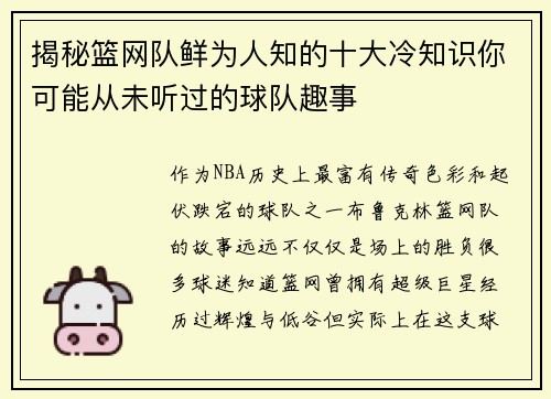揭秘篮网队鲜为人知的十大冷知识你可能从未听过的球队趣事
