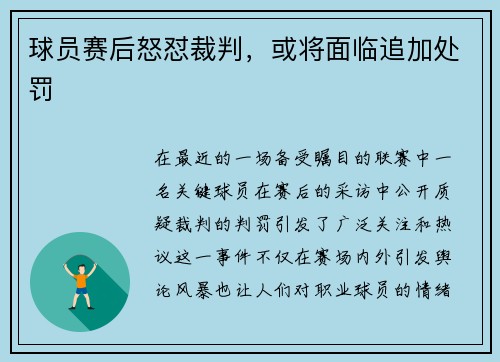球员赛后怒怼裁判，或将面临追加处罚